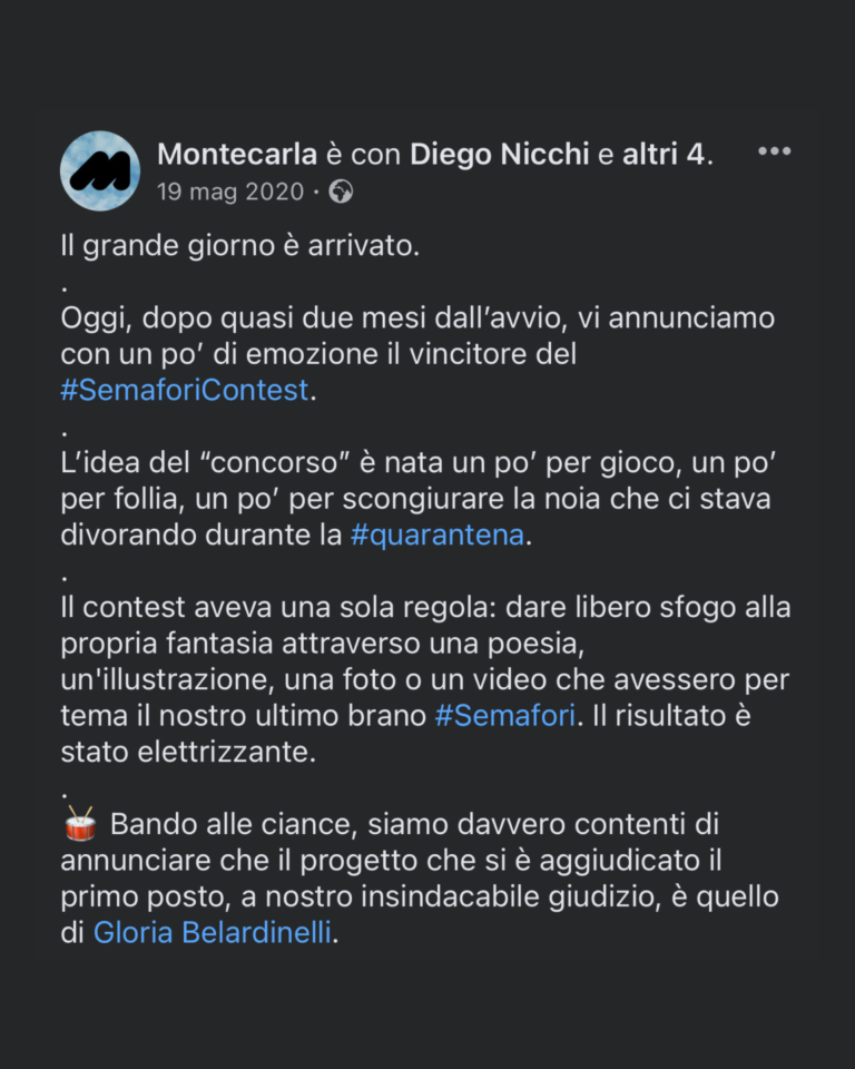 Selezionata al Primo Posto Contest D'Arte indetto dalla Band Montecarla - 2020